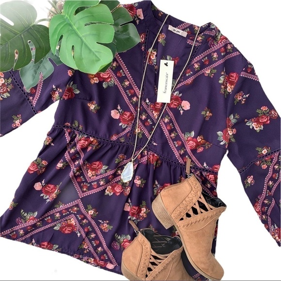 Francesca’s Miami Laura-Lee Purple Plum Shabby Chic Floral Babydoll Blouse XS - Picture 16 of 16
